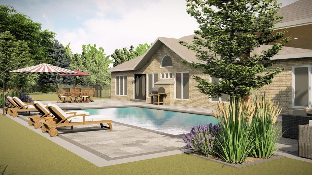 3D design rendering of a backyard pool and interlock patio