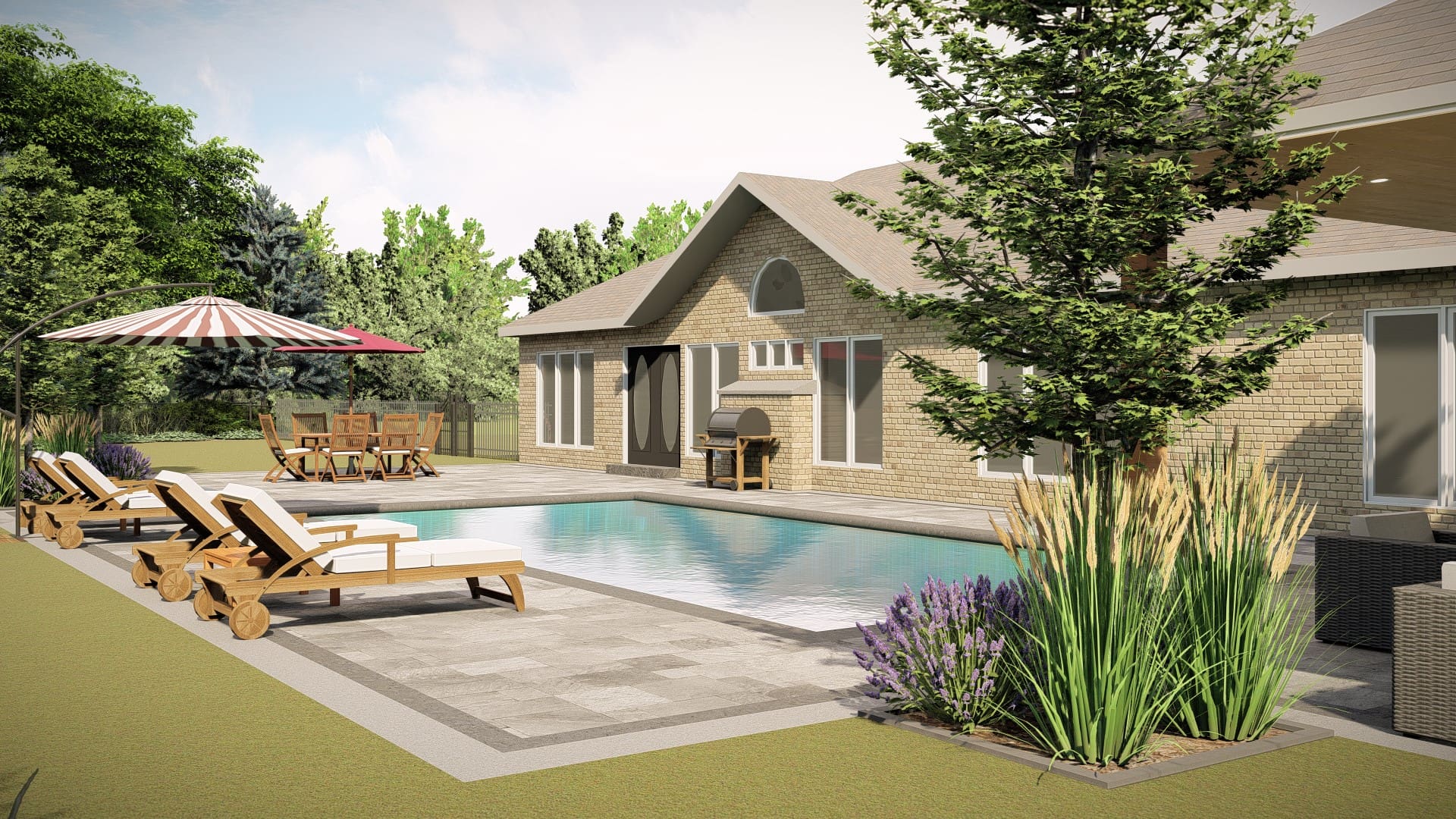3D design rendering of a backyard pool and interlock patio