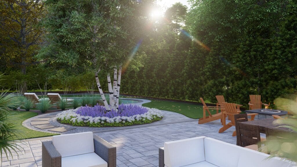 Garden bed with birch tree, perennials and interlock patio