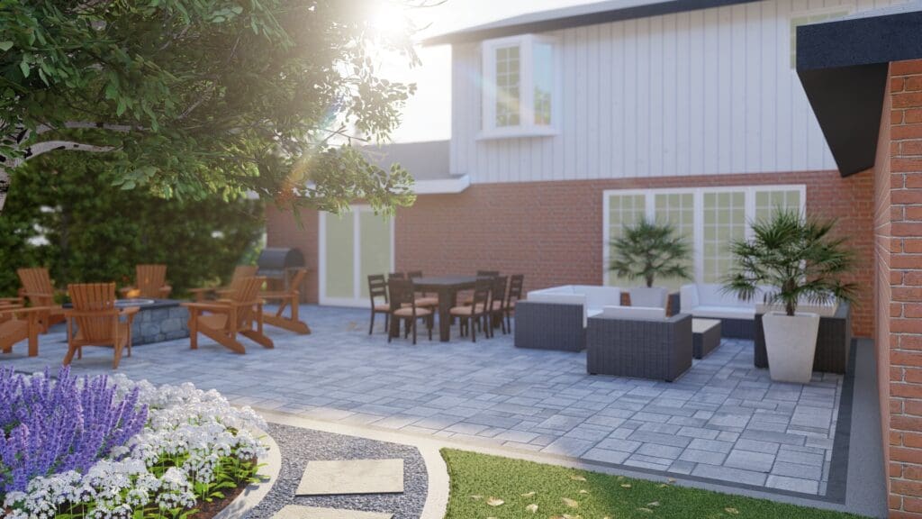 Backyard interlock patio with outdoor seating
