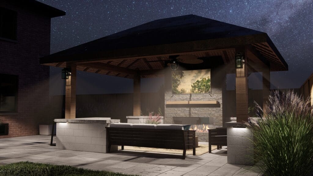 3D night rendering of an outdoor living space with lighting