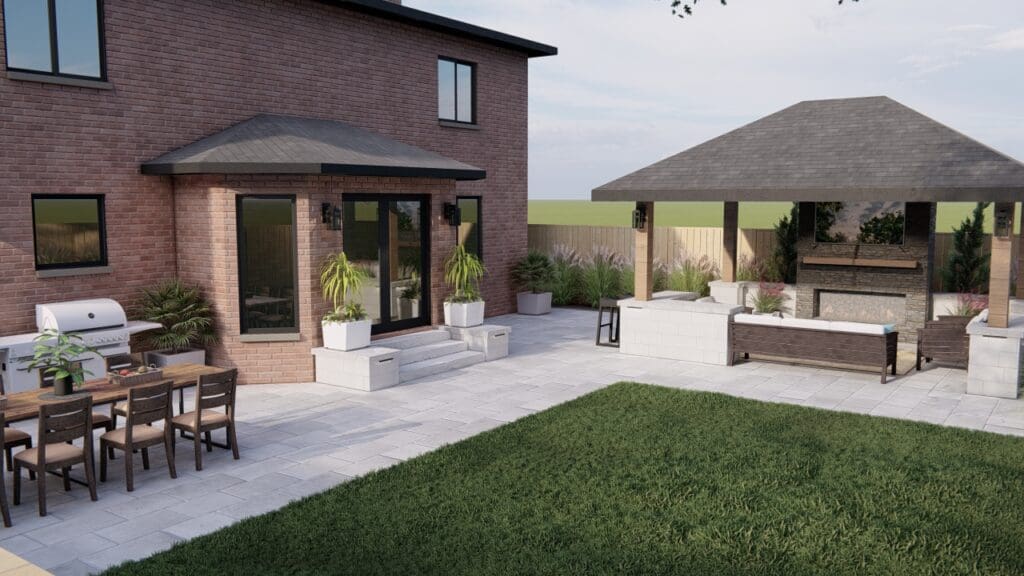 3D landscape rendering of a patio and covered outdoor kitchen